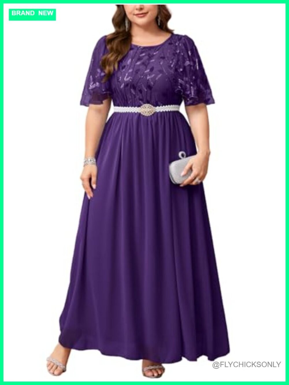 Plus Size Sequin Embroidery Formal Long Dress with Pearl Belt A Line Evening